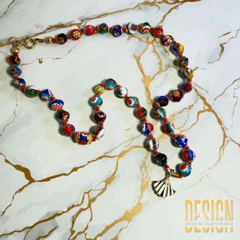 Naszyjnik ze szkła Murano z emaliowaną zawieszką w srebrze pozłacanym 24 K | Kuźmińska Design