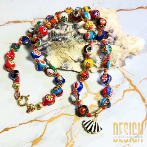 Naszyjnik ze szkła Murano z emaliowaną zawieszką w srebrze pozłacanym 24 K | Kuźmińska Design