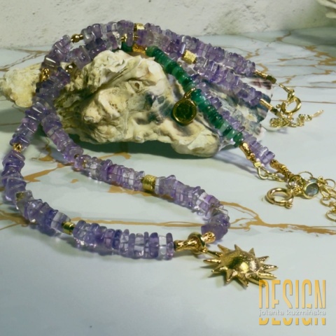 Naszyjnik z ametystów ze złoconą zawieszką słońca | Kuźmińska Design