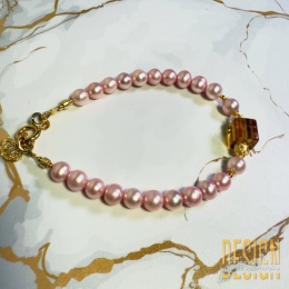 Bransoletka z różowych pereł i kwarcu dymnego | Srebro złocone 24K”