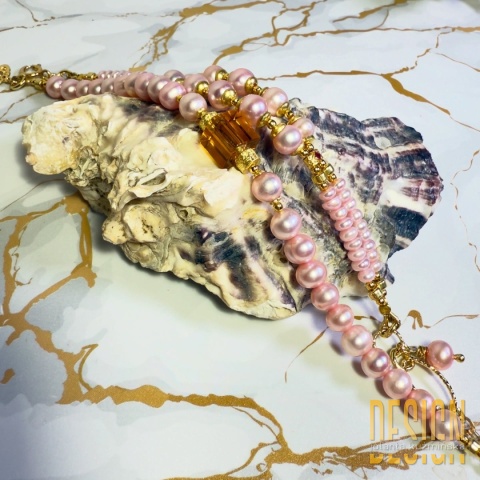 Bransoletka z różowych pereł i kwarcu dymnego | Srebro złocone 24K”