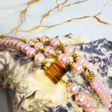 Bransoletka z różowych pereł i kwarcu dymnego | Srebro złocone 24K”