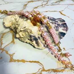 „Bransoletka z różowych pereł i rubinów | Srebro złocone 24K”