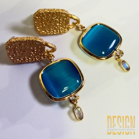 Kolczyki designerskie 5,5 cm z kocim okiem i topazem – srebro złocone | Kuźmińska Design