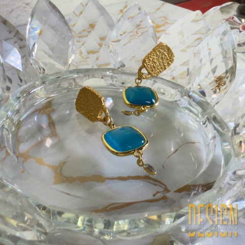 Kolczyki designerskie 5,5 cm z kocim okiem i topazem – srebro złocone | Kuźmińska Design