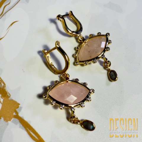 Kolczyki z kwarcu różowego i labradorytu – srebro pozłacane 24K | Kuźmińska Design