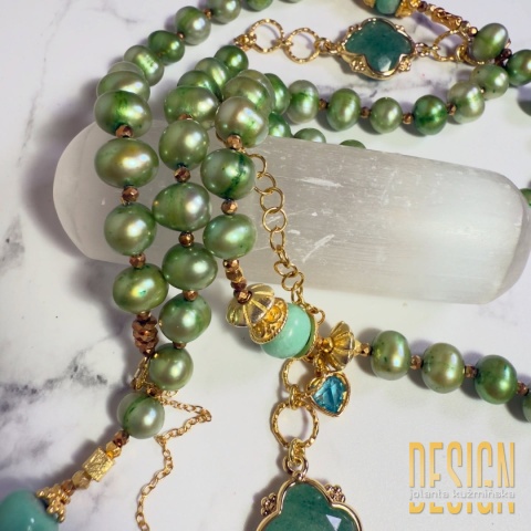 Naszyjnik Perły Premium z zielonych pereł z zawieszką jadeitową – 94 cm