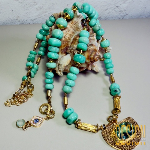 Naszyjnik Premium z chryzoprazu i pirytu z zawieszką z oliwinu