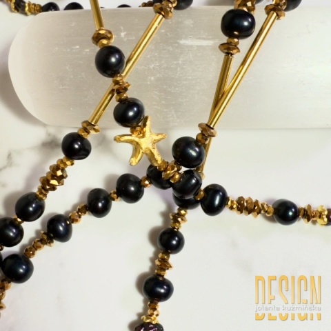 Naszyjnik z czarnych pereł premium 96 cm z monetą