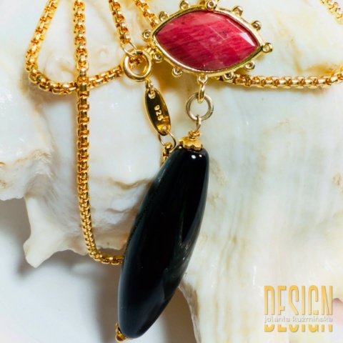 Naszyjnik z onyksu i rodonitu – srebro złocone 24k złotem | Unikat 1/1