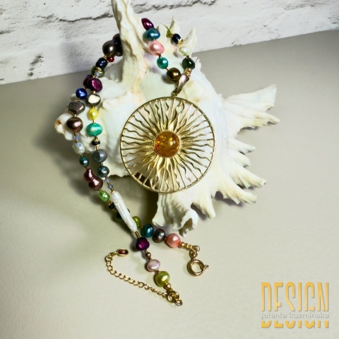 Naszyjnik z pereł z bursztynem – srebro pozłacane 24 k | Kuźmińska Design