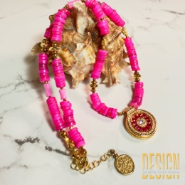 Naszyjnik z różowych agatów i rubinów – złocone srebro | Kuźmińska Design