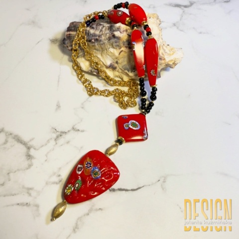Naszyjnik Murano Millefiori czerwony – srebro złocone 24 k, stal 316L